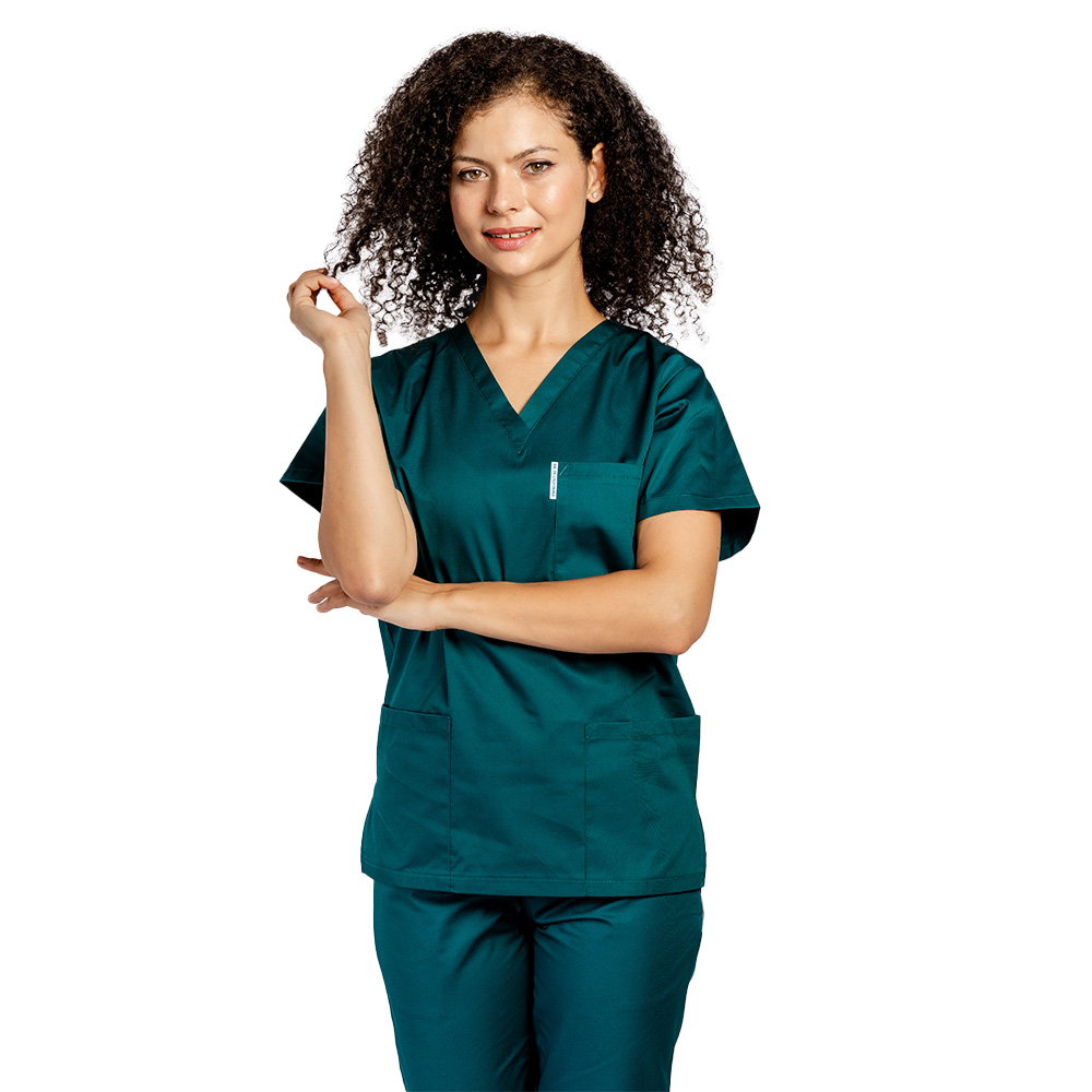 Costum medical tuborg cu elastan, dama, bluza cu anchior in forma V si pantaloni tuborg cu snur 2