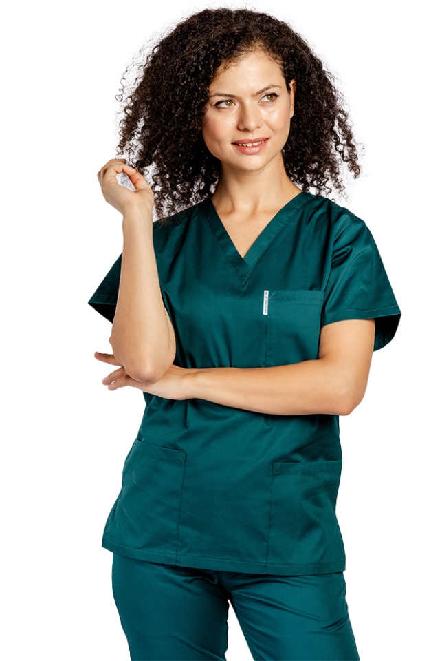 Halat medical tuborg cu elastan, dama, anchior in forma V si trei buzunare aplicate