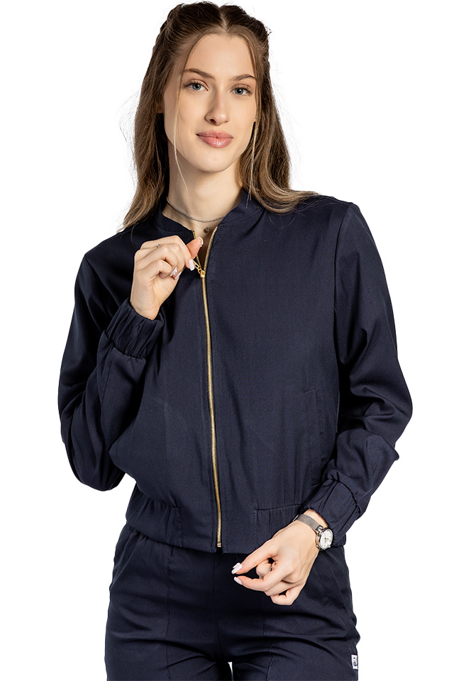 Jacheta medicala bleumarin stretch cu doua buzunare aplicate si fermoar 3