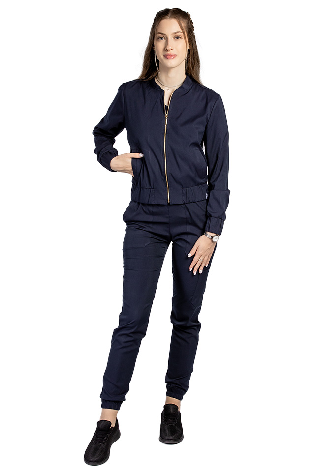 Jacheta medicala bleumarin stretch cu doua buzunare aplicate si fermoar 5