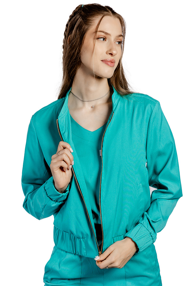 Jacheta medicala verde stretch cu doua buzunare aplicate si fermoar 2