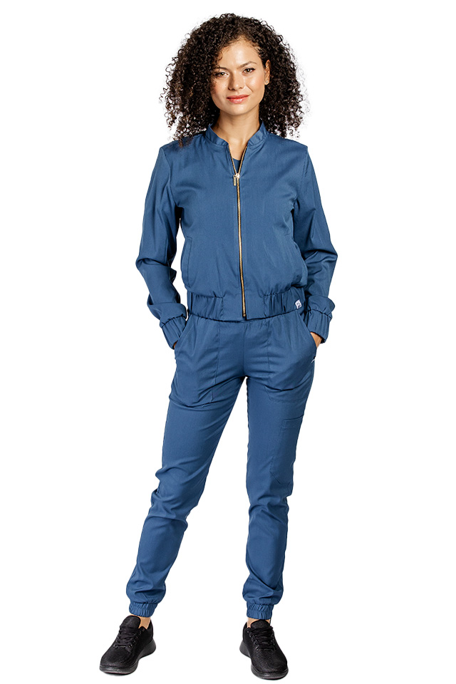 Jacheta medicala jeans stretch cu doua buzunare aplicate si fermoar 3