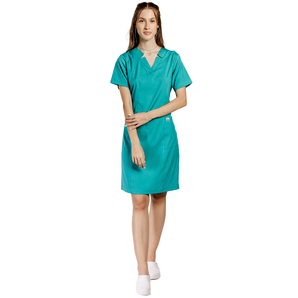 Sarafan medical stretch verde, cu prindere cu cordon la spate si  doua buzunare aplicate 3