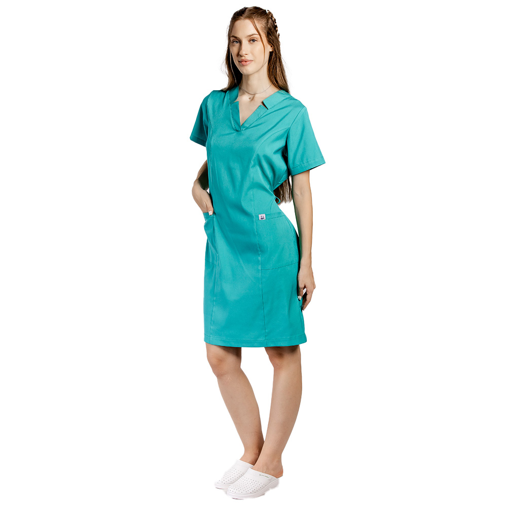 Sarafan medical stretch verde, cu prindere cu cordon la spate si  doua buzunare aplicate 4