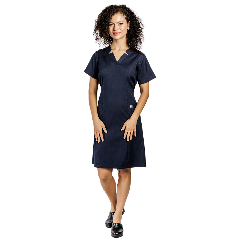 Sarafan medical stretch bleumarin, cu prindere cu cordon la spate si  doua buzunare aplicate 3