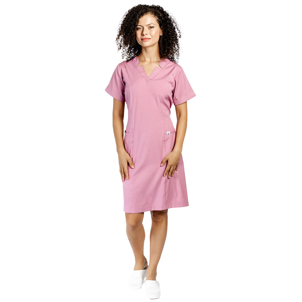 Sarafan medical stretch roz pudrat, cu prindere cu cordon la spate si  doua buzunare aplicate 3