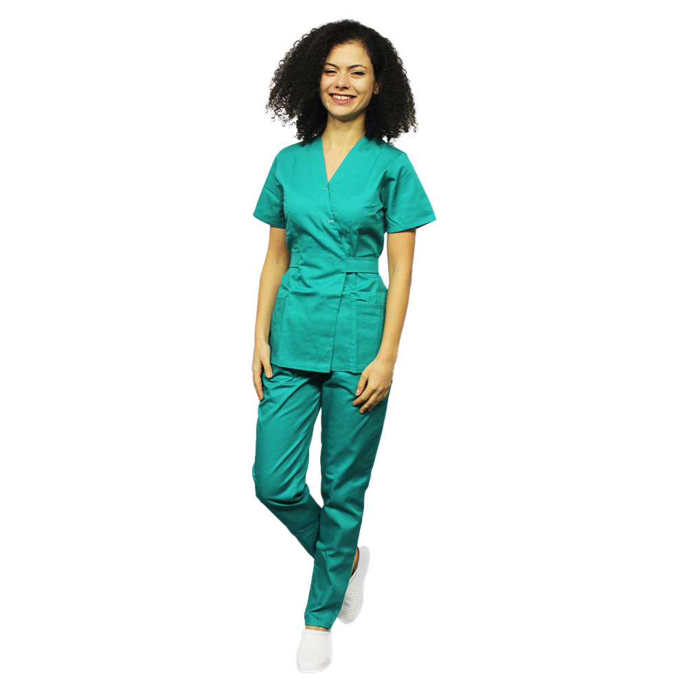 OUTLET Costum medical verde, cu bluza tip kimono si pantaloni cu elastic 3