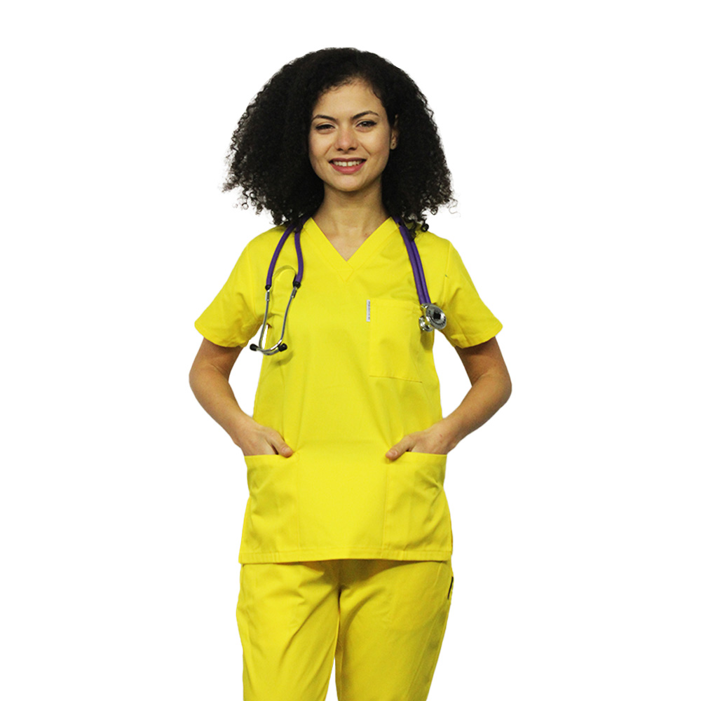 Costum medical galben, bluza cu anchior in V, trei buzunare si pantaloni cu elastic. 2