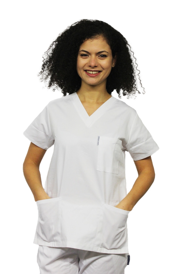 Costum medical cu elastan alb, dama, format din bluza cu anchior in V si pantaloni albi cu snur 2