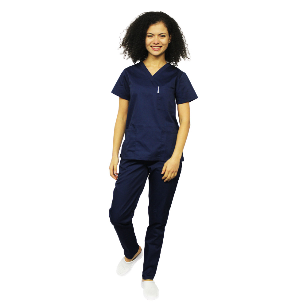 Costum medical bleumarin, bluza cu anchior in V, trei buzunare si pantaloni cu elastic. 2