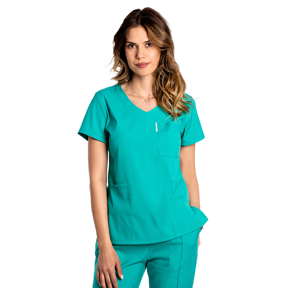 Costum medical stretch verde turcoaz cu bluza in V si pantaloni cu snur si elastic 4