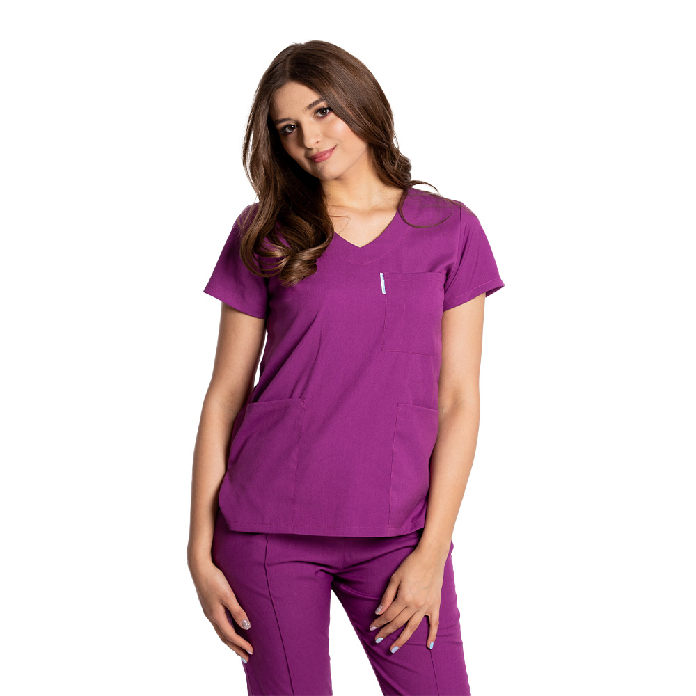Costum medical stretch mov magenta cu bluza in V si pantaloni cu snur si elastic 4