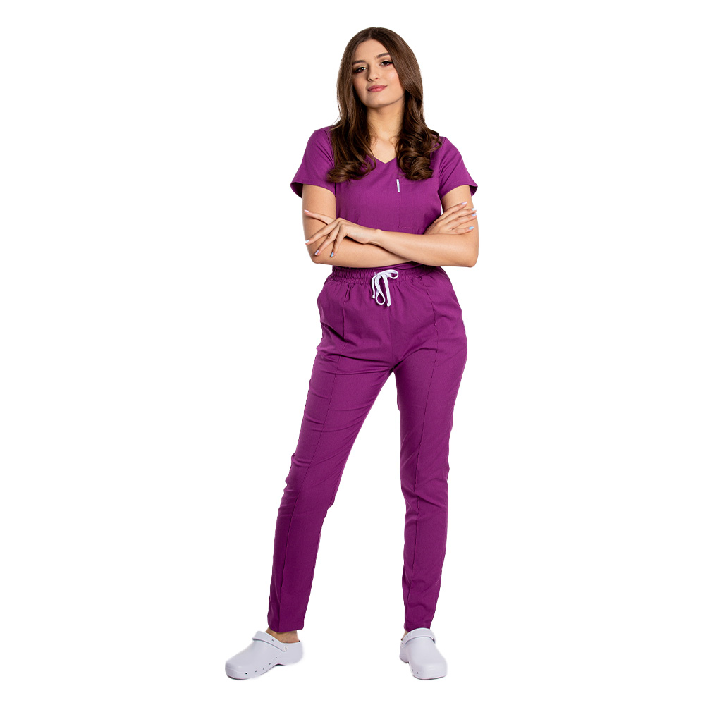 Costum medical stretch mov magenta cu bluza in V si pantaloni cu snur si elastic 3