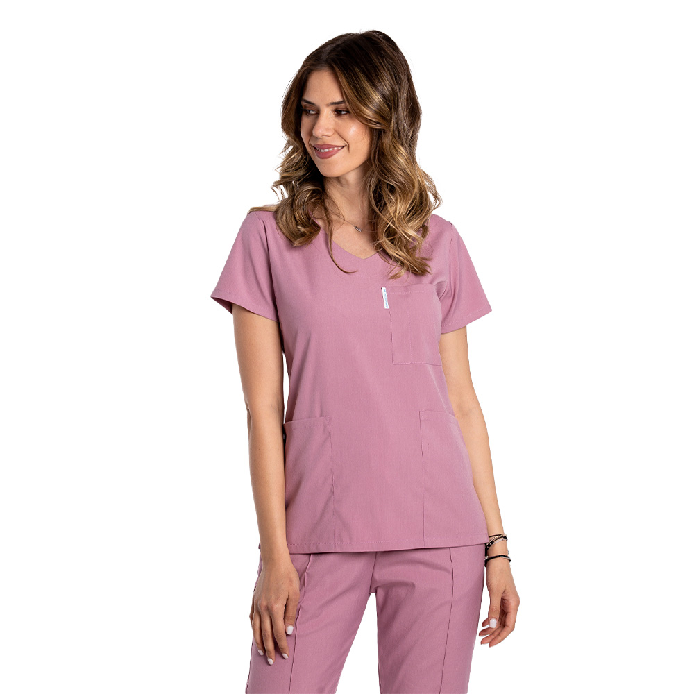 Costum medical stretch roz pudrat cu bluza in V si pantaloni cu snur si elastic 4
