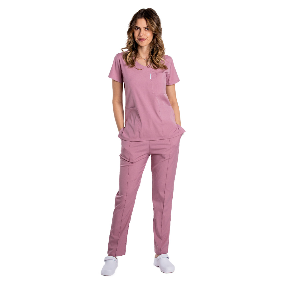 Costum medical stretch roz pudrat cu bluza in V si pantaloni cu snur si elastic 2