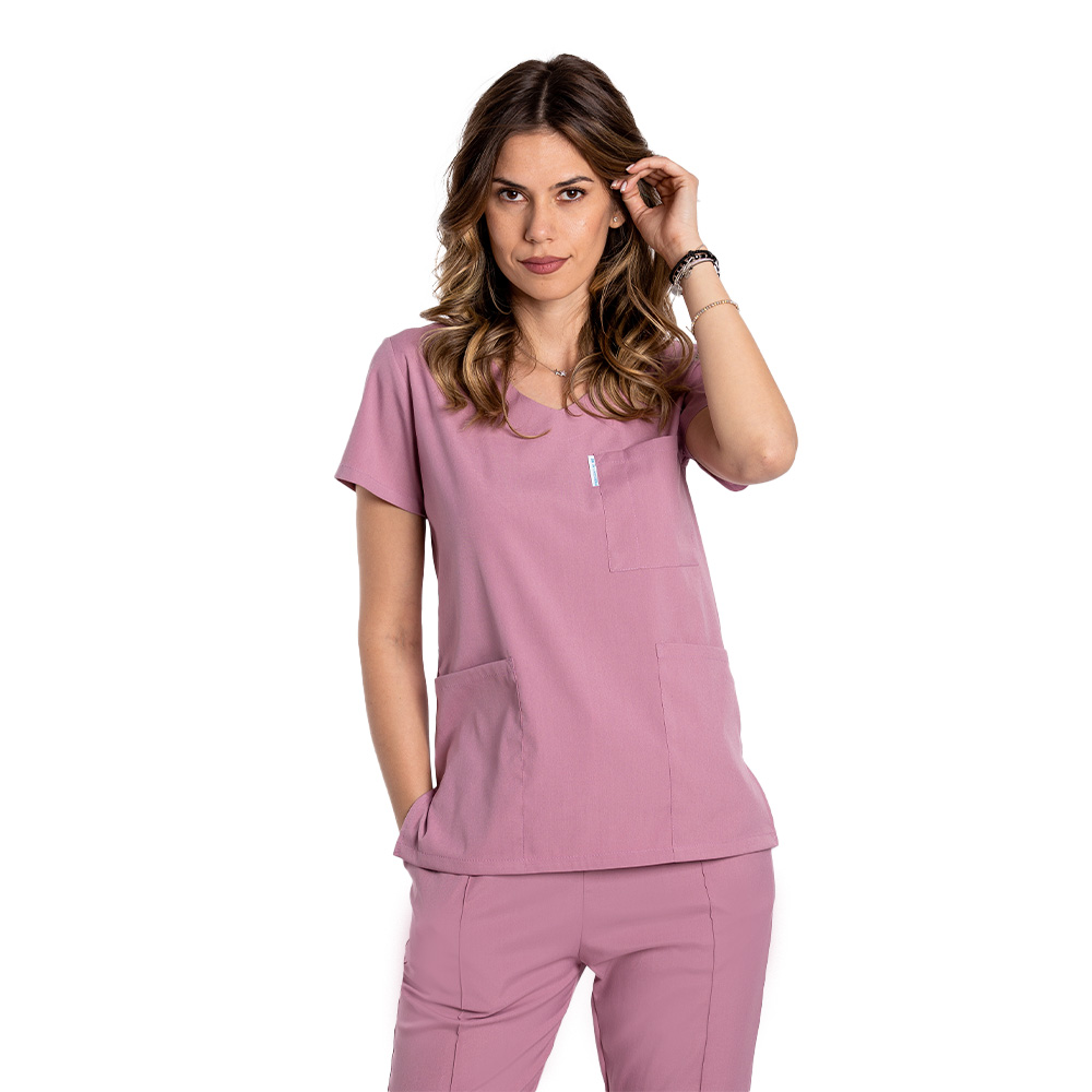 Costum medical stretch roz pudrat cu bluza in V si pantaloni cu snur si elastic 6