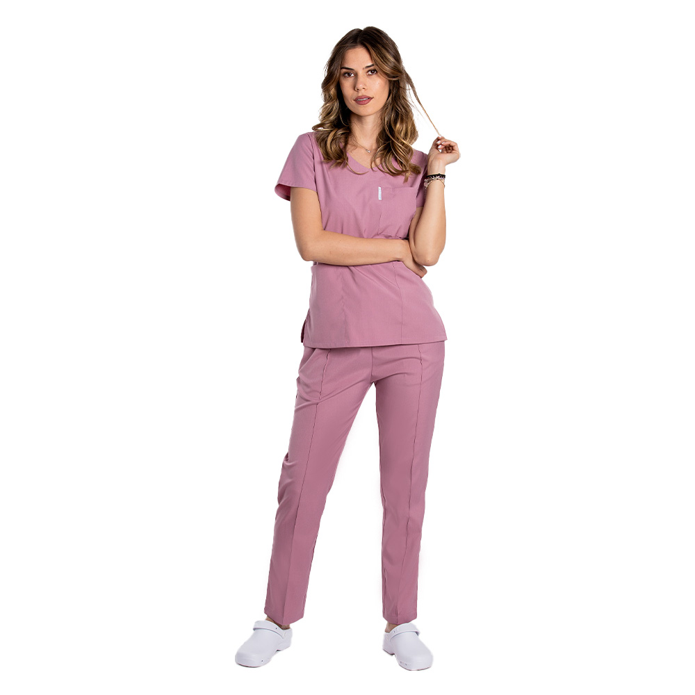 Costum medical stretch roz pudrat cu bluza in V si pantaloni cu snur si elastic 3