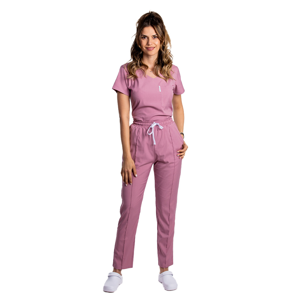 Costum medical stretch roz pudrat cu bluza in V si pantaloni cu snur si elastic 5