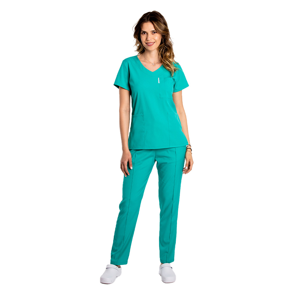 Costum medical stretch verde turcoaz cu bluza in V si pantaloni cu snur si elastic 2