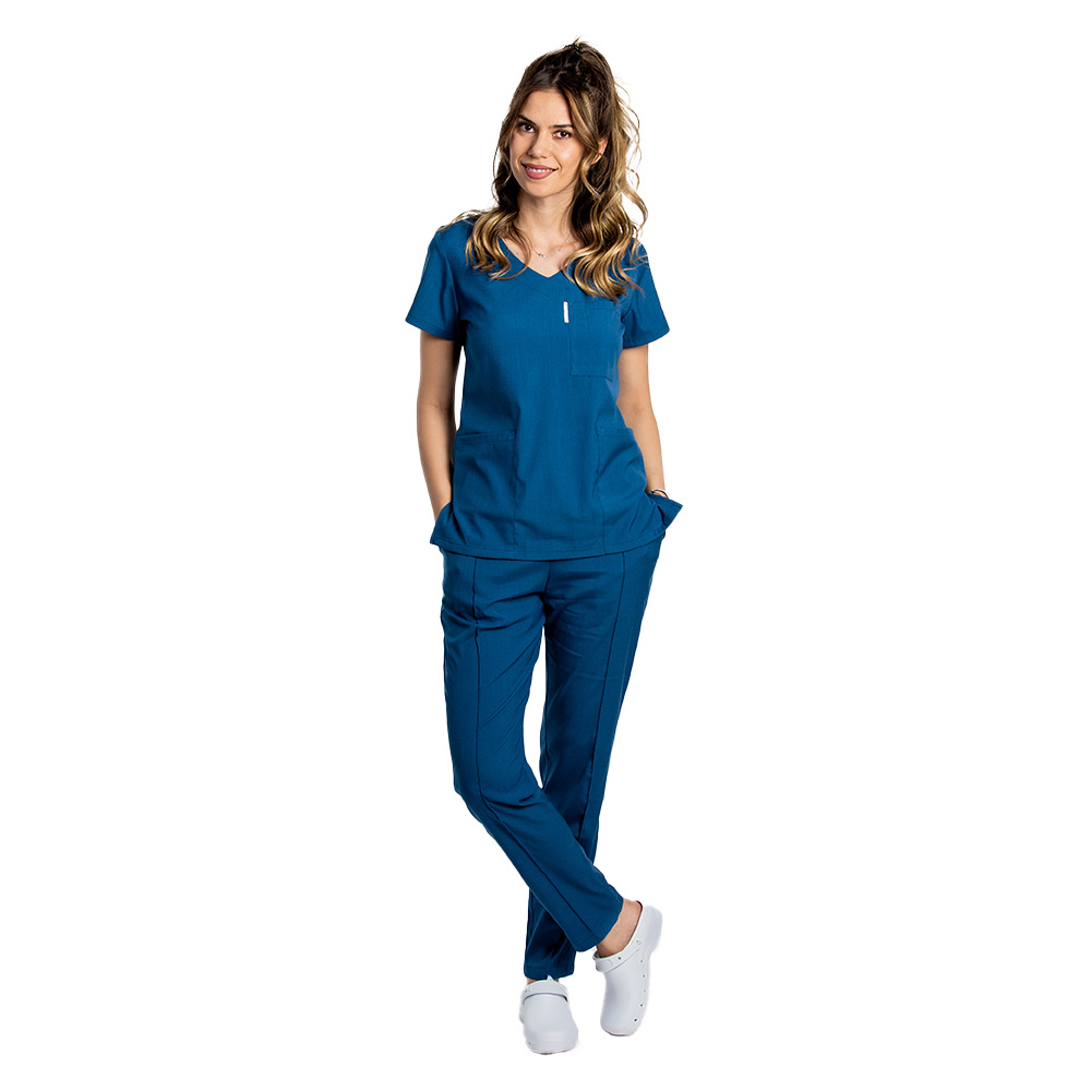 Costum medical stretch albastru jeans cu bluza in V si pantaloni cu snur si elastic 4
