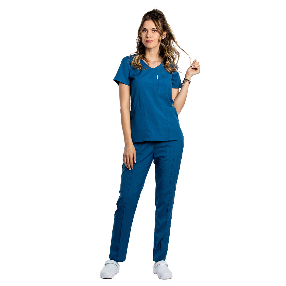 Costum medical stretch albastru jeans cu bluza in V si pantaloni cu snur si elastic 5