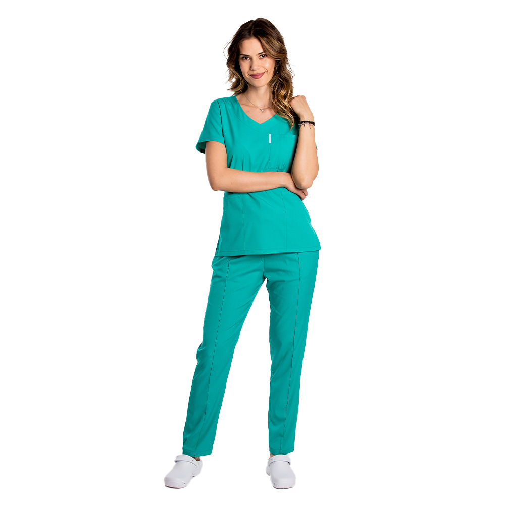 Costum medical stretch verde turcoaz cu bluza in V si pantaloni cu snur si elastic 3