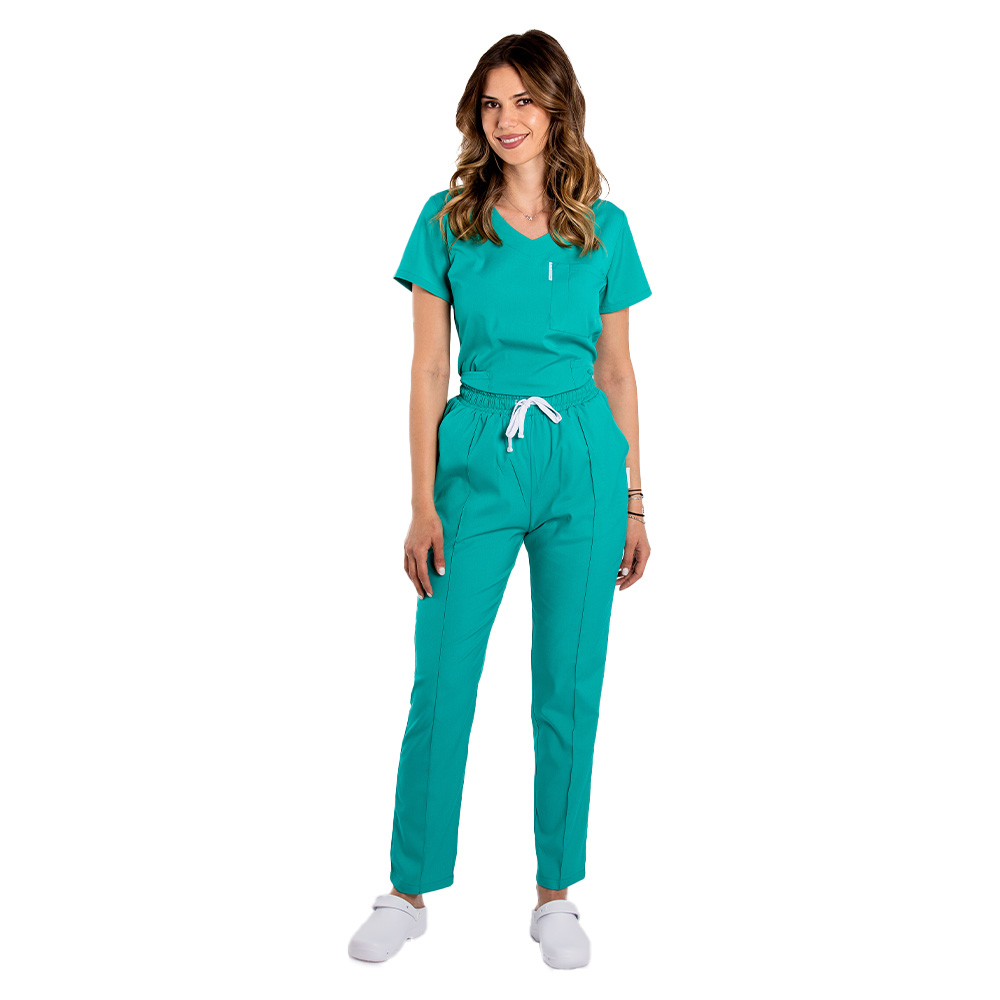 Costum medical stretch verde turcoaz cu bluza in V si pantaloni cu snur si elastic 5