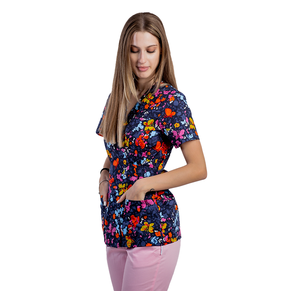 Costum medical kimono Butterfly , cu bluza cu imprimeu  si pantaloni cu elastic 3