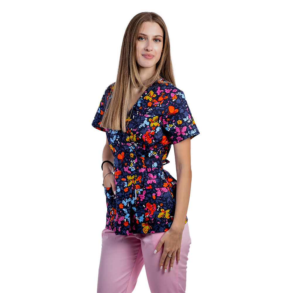 Costum medical kimono Butterfly , cu bluza cu imprimeu  si pantaloni cu elastic 4