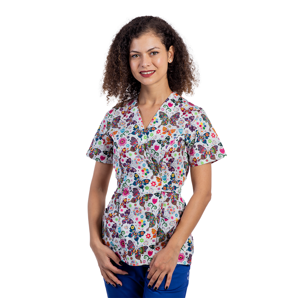 Costum medical kimono Fantasy, bluza cu imprimeu si pantaloni cu elastic 2