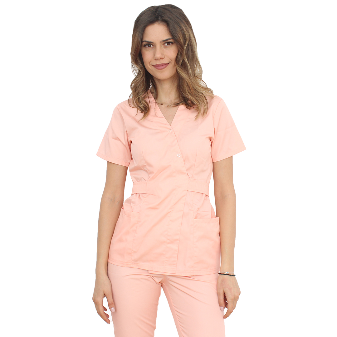 Costum medical piersica, cu bluza tip kimono si pantaloni cu elastic 4