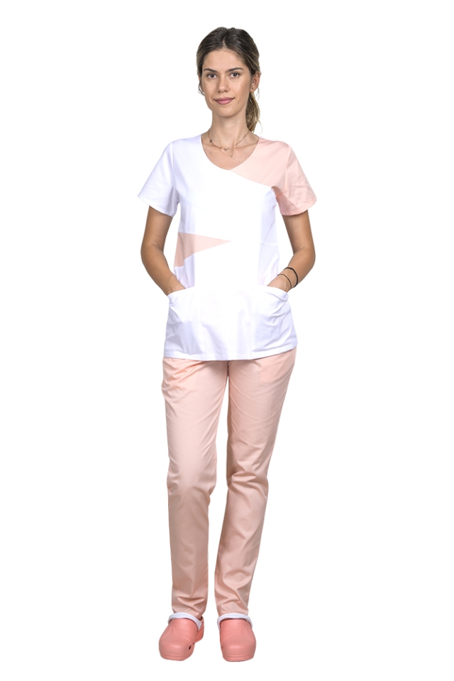 OUTLET Halat medical Luiza, alb cu piersica, cambrat  si doua buzunare aplicate 2