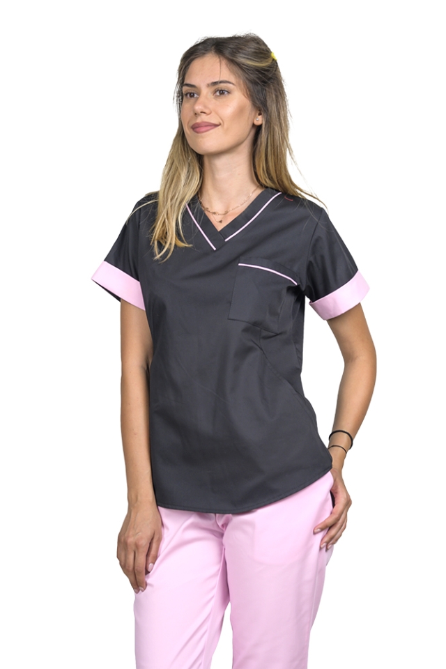 OUTLET Halat medical negru cu manseta roz pal,, cu doua buzunare ascunse, model Amani