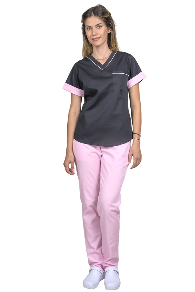 OUTLET Halat medical negru cu manseta roz pal,, cu doua buzunare ascunse, model Amani 2