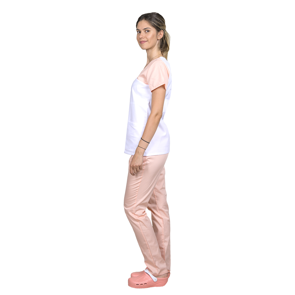 OUTLET Halat medical Luiza, alb cu piersica, cambrat  si doua buzunare aplicate 3
