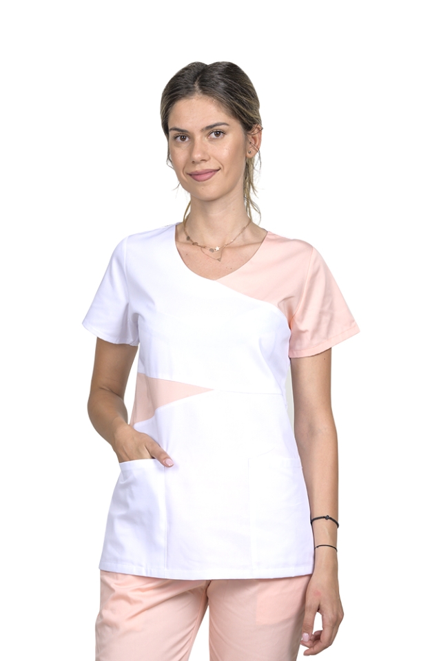 OUTLET Halat medical Luiza, alb cu piersica, cambrat  si doua buzunare aplicate