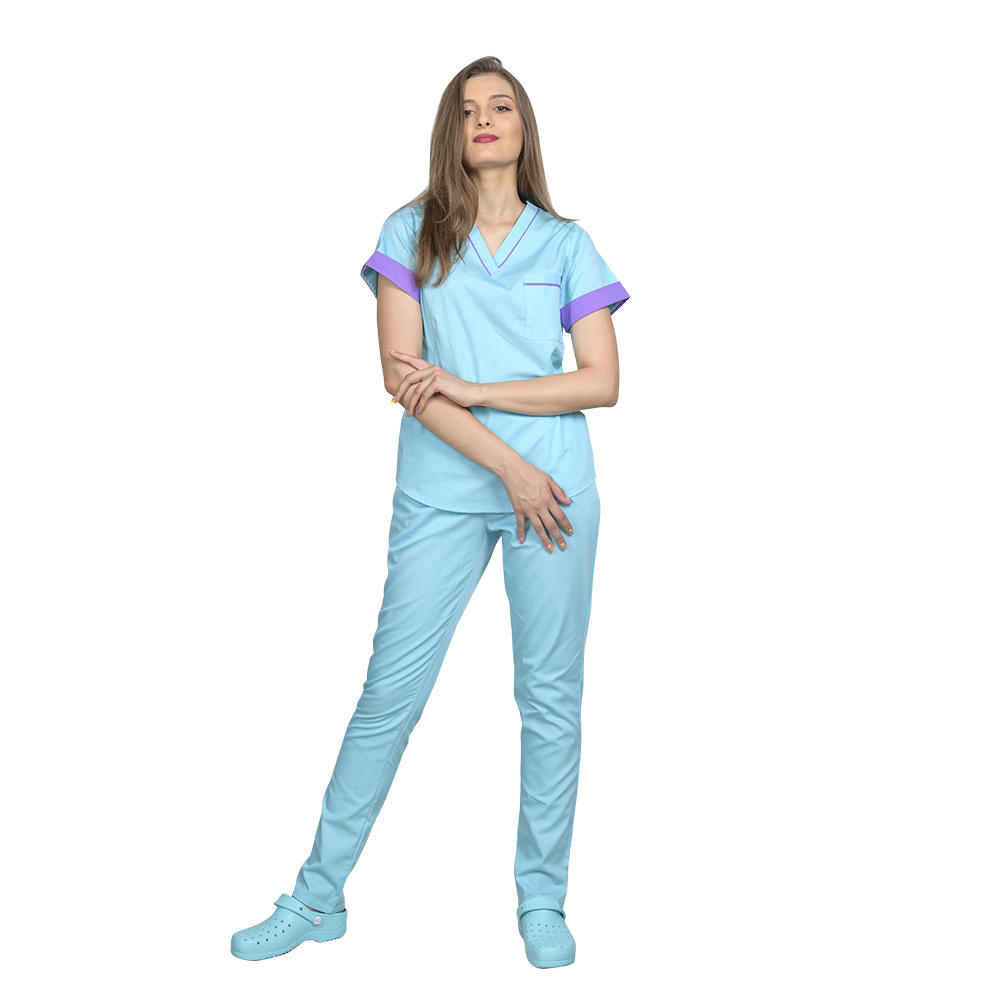OUTLET Halat medical menta cu mov, cu doua buzunare ascunse, model Amani 2