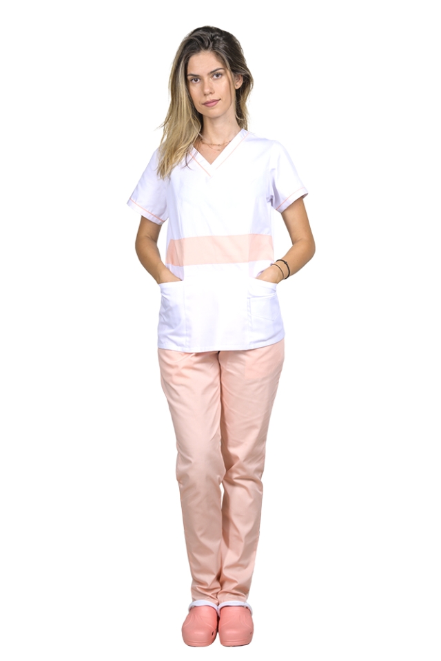 OUTLET Halat medical dama alb cu piersica, model Sofia 4