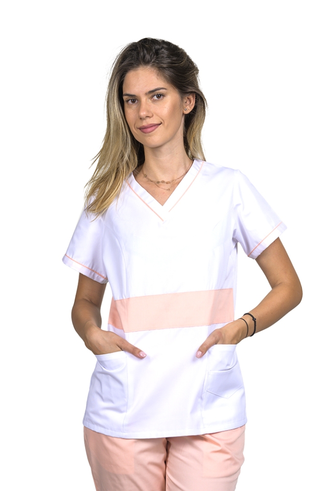 OUTLET Halat medical dama alb cu piersica, model Sofia