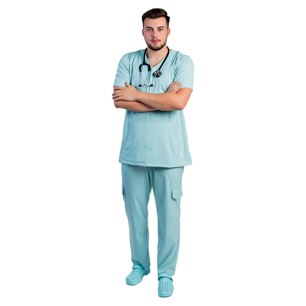 OUTLET Costum medical stretch barbati  menta cu bluza in V si pantaloni cu snur si elastic 3