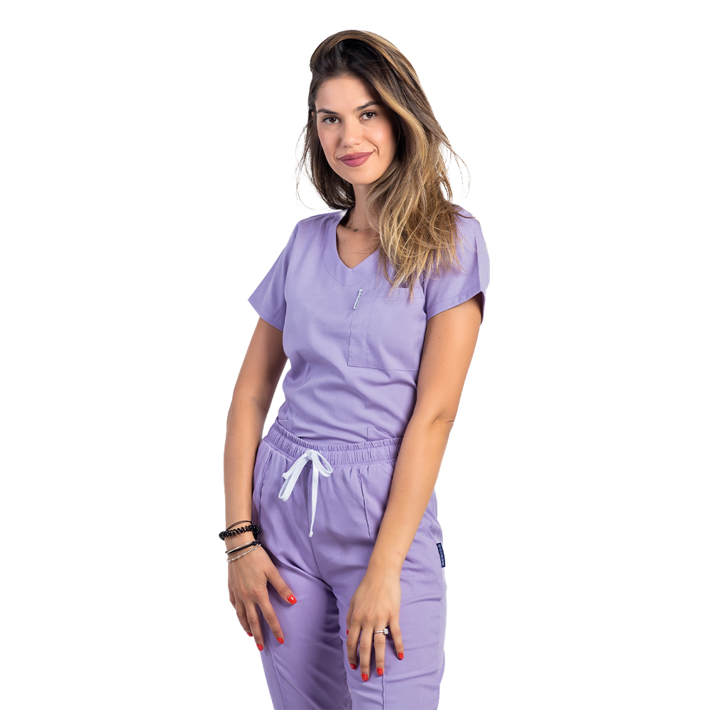 OUTLET Halat medical stretch lila cu trei buzunare aplicate 