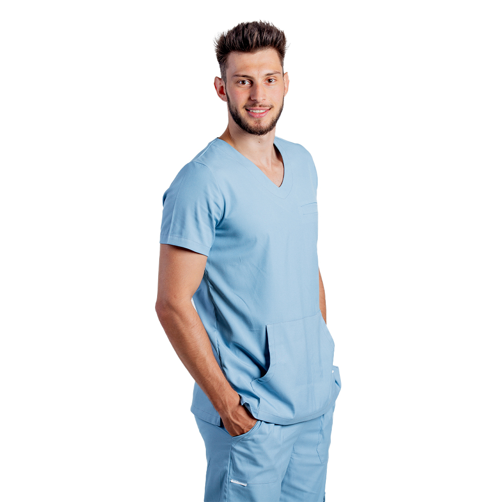 OUTLET Costum medical stretch barbati bleu cu bluza in V si pantaloni cu snur si elastic 3