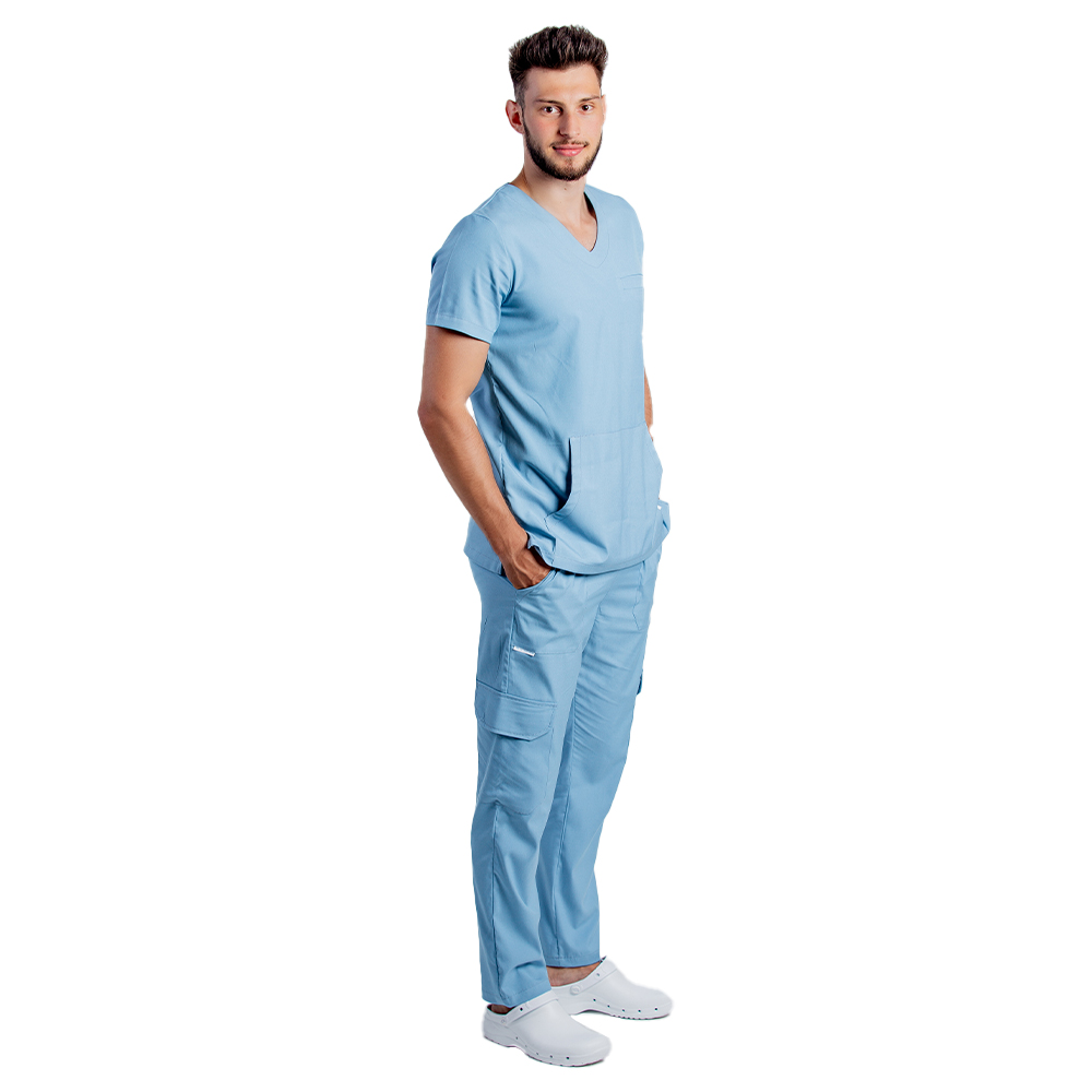 OUTLET Costum medical stretch barbati bleu cu bluza in V si pantaloni cu snur si elastic 2