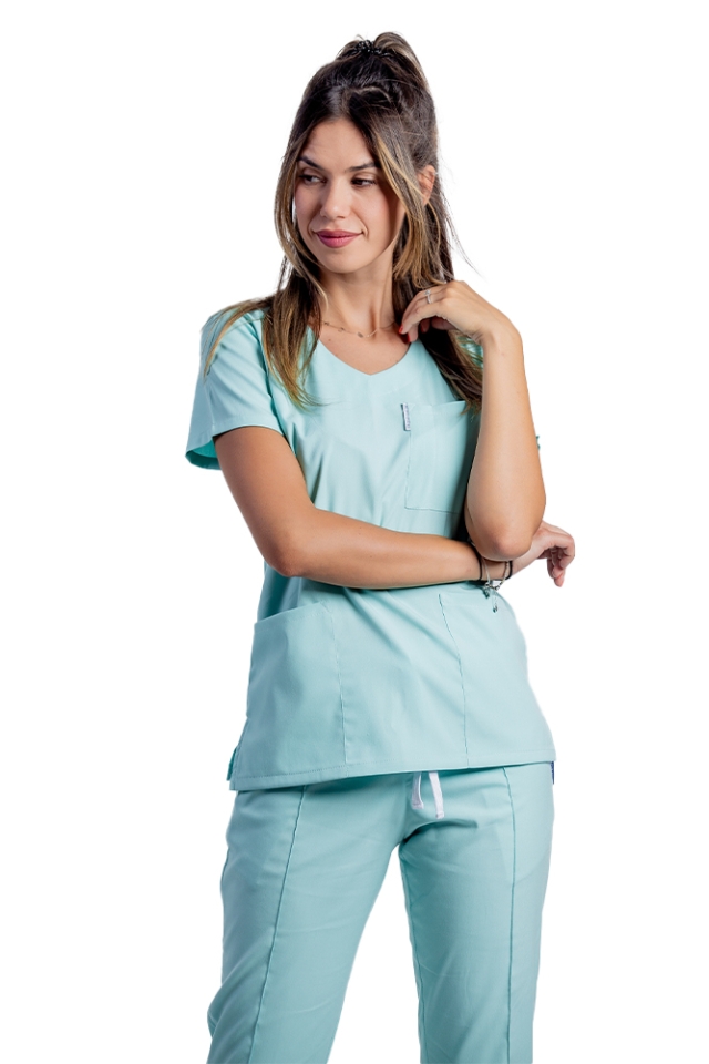 OUTLET Halat medical stretch menta cu trei buzunare aplicate 