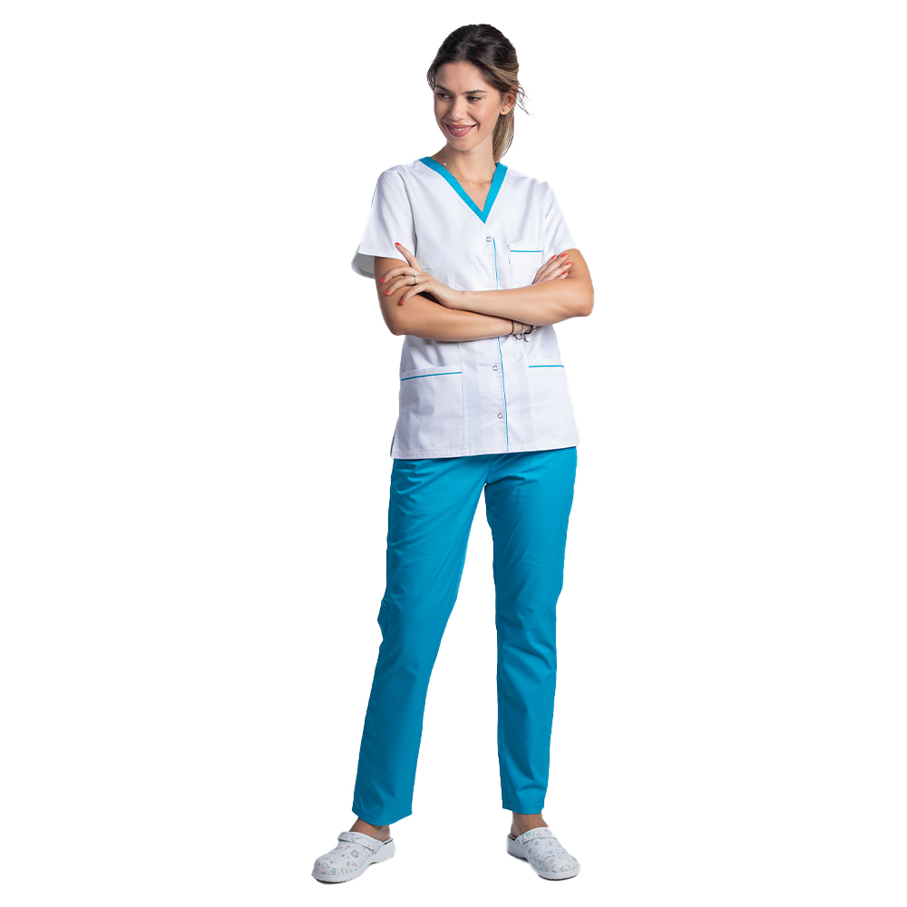 Halat medical cu elastan alb cu paspol turcoaz, capse si trei buzunare aplicate 2