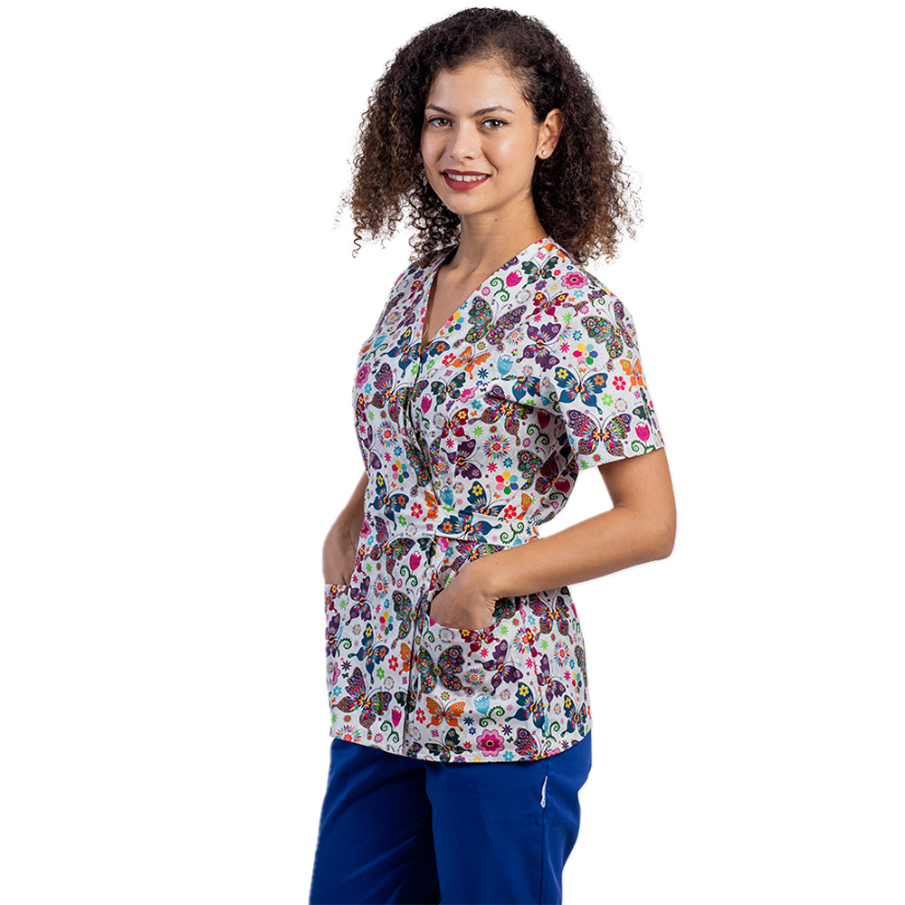 Costum medical kimono Fantasy, bluza cu imprimeu si pantaloni cu elastic 3