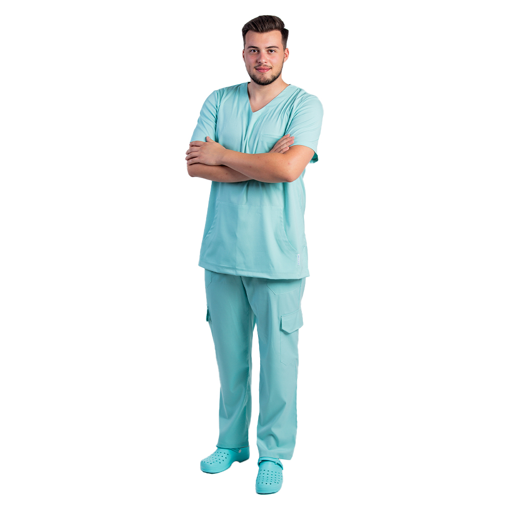 OUTLET Costum medical stretch barbati  menta cu bluza in V si pantaloni cu snur si elastic 2