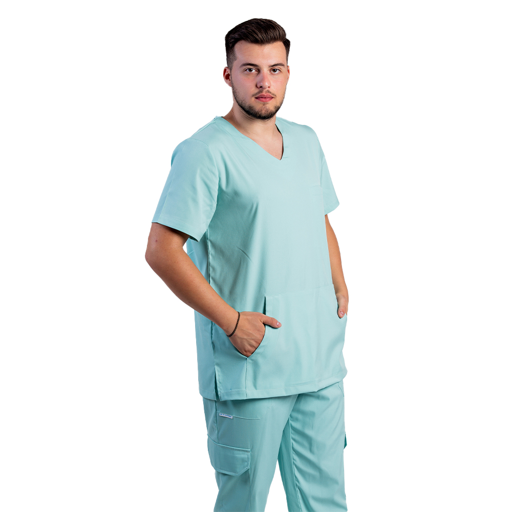 OUTLET Costum medical stretch barbati  menta cu bluza in V si pantaloni cu snur si elastic 4