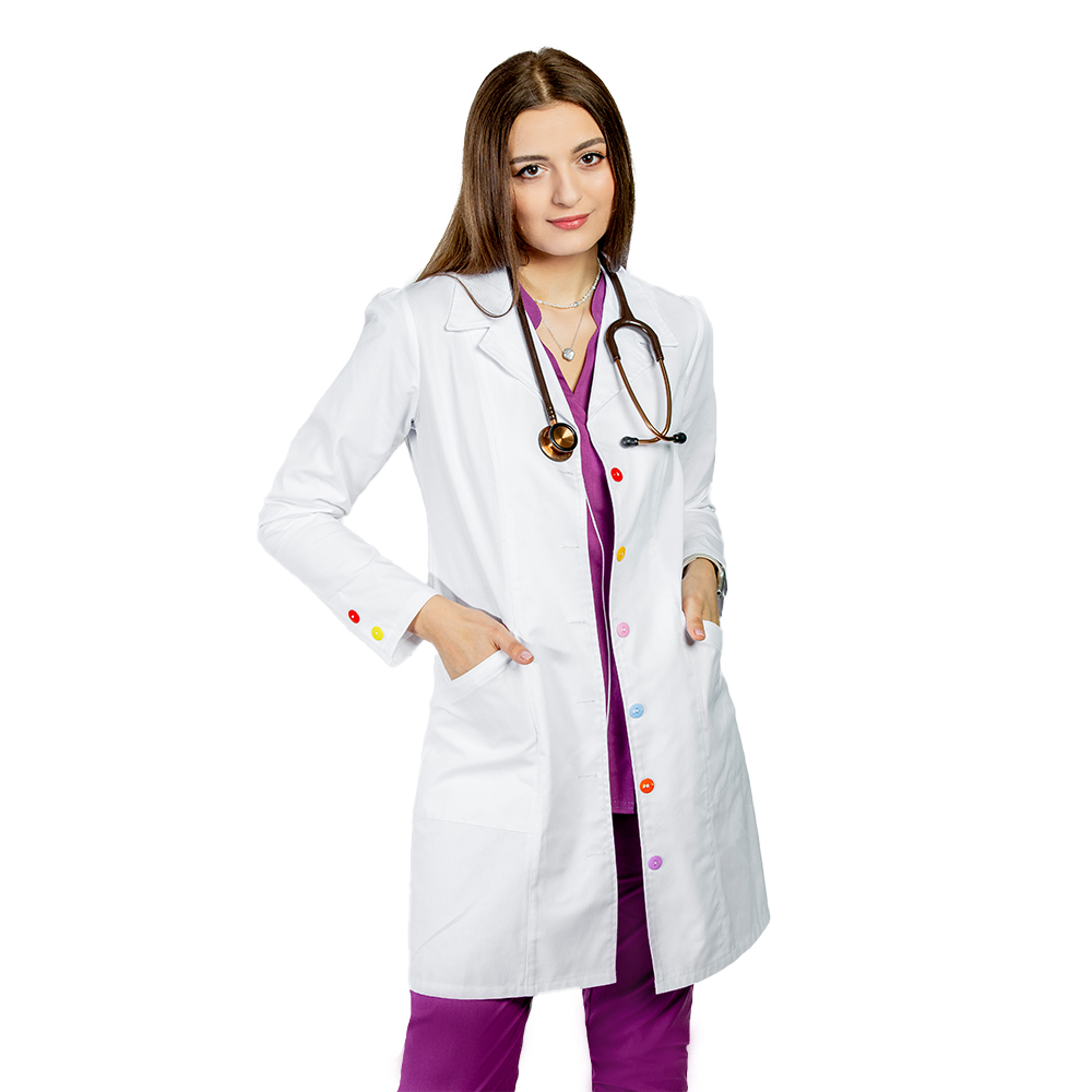 Halat medical alb Rainbow, dama, cu guler cu rever, nasturi colorati si doua buzunare si maneca lunga 4