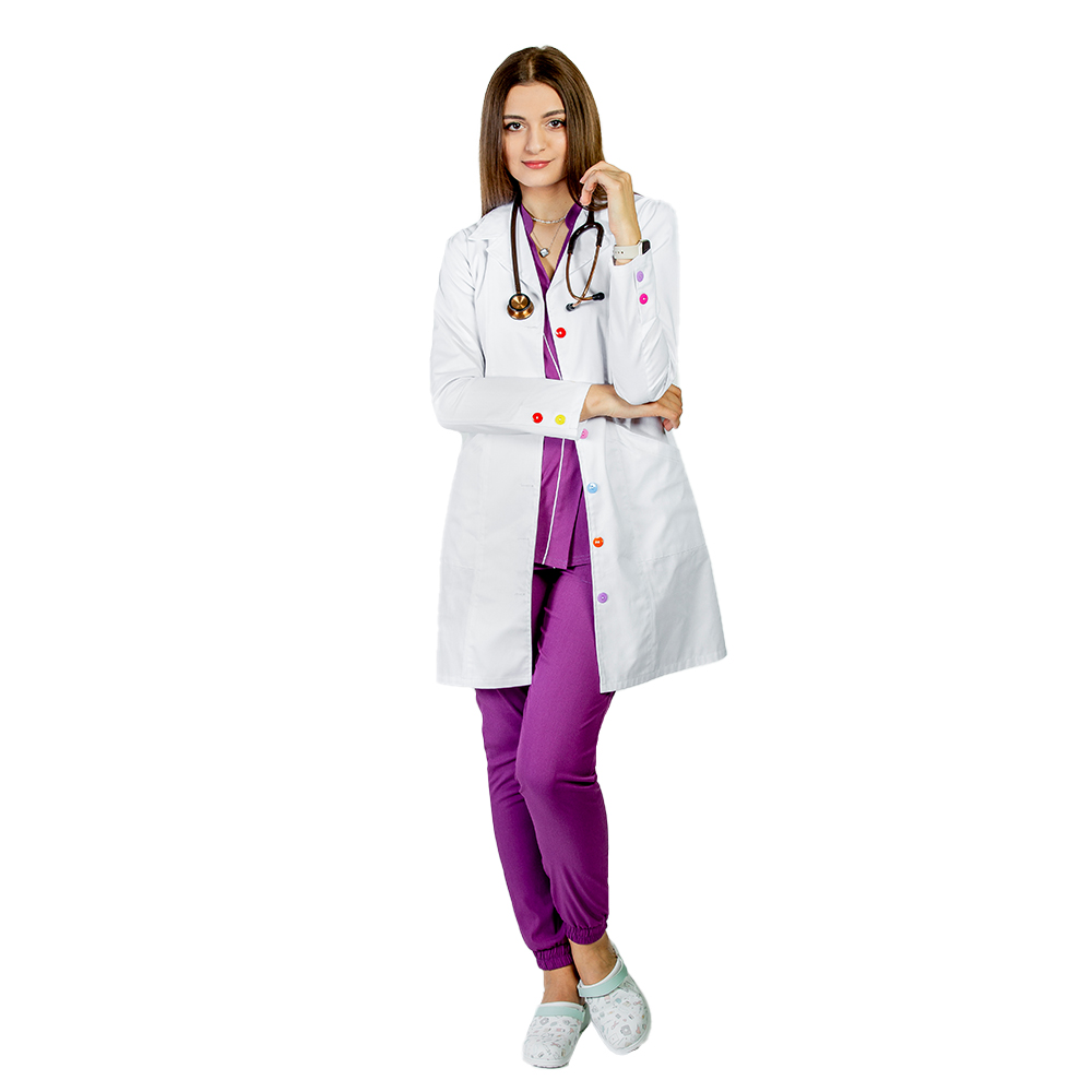 Halat medical alb Rainbow, dama, cu guler cu rever, nasturi colorati si doua buzunare si maneca lunga 5